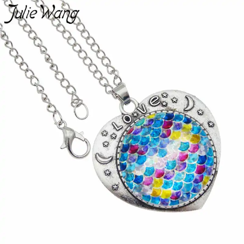 Julie Wang 25mm Glass Mermaid Fish Scale Necklace Women Heart Cabochon Setting Pendant Collar Chain Bohemian Fashion Jewelry | Украшения и