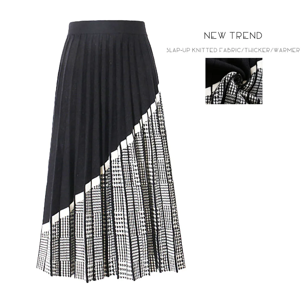 Вязаная юбка плиссированная клетчатая Женская миди в стиле ретро теплая длинная