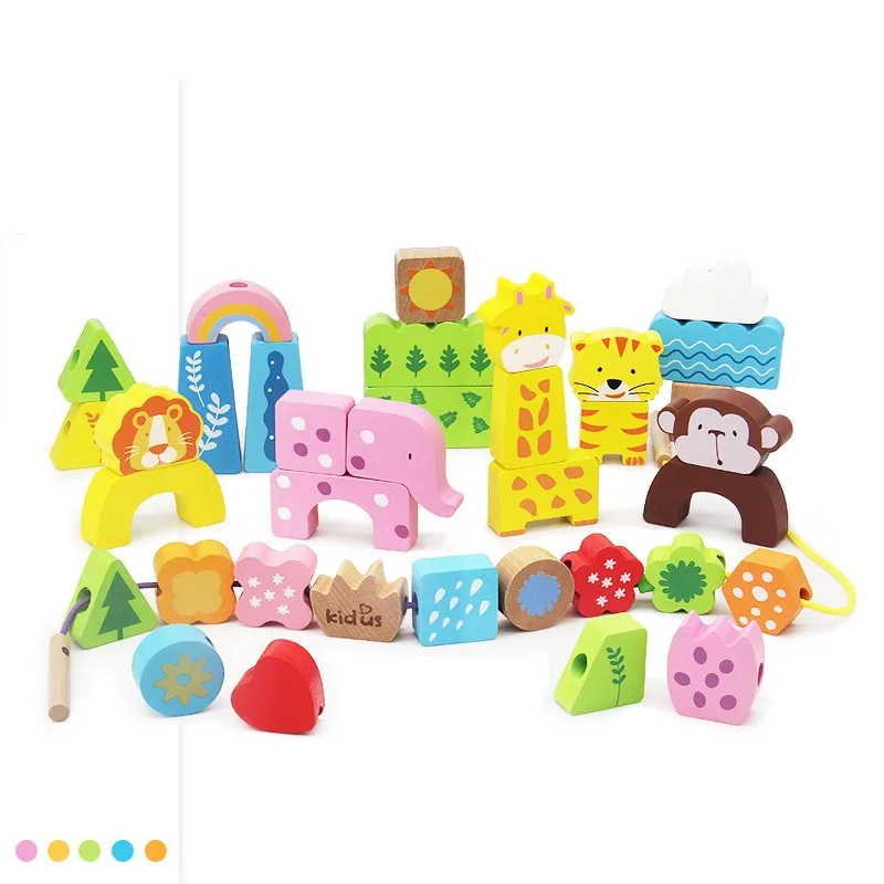 

35pcs Kids Wooden Animal and Number Car Lacing Beads Blocks Toy Montessori Educational Wooden Toys Learning for Baby