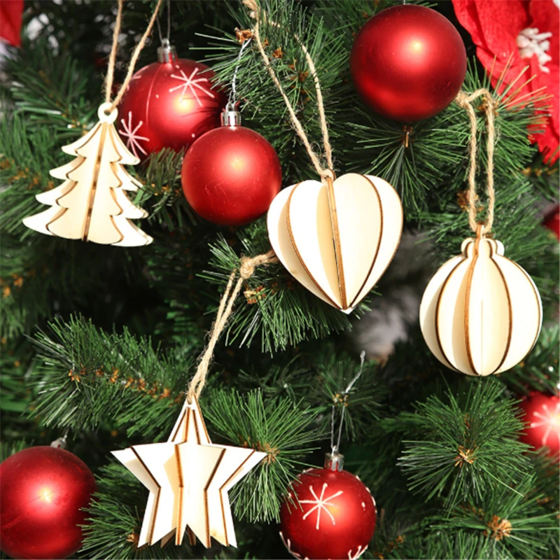 

New Christmas Decorations 2021 three-dimensional Wooden DIY Pendant five-pointed Planet Creative Tree Ornaments деревянный кулон