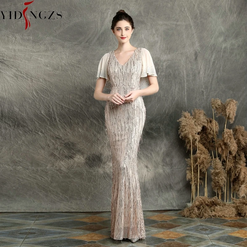 

YIDINGZS 2021 Sexy V-neck Sequins Evening Dress Women Elegant Long Evening Party Dress YD16582