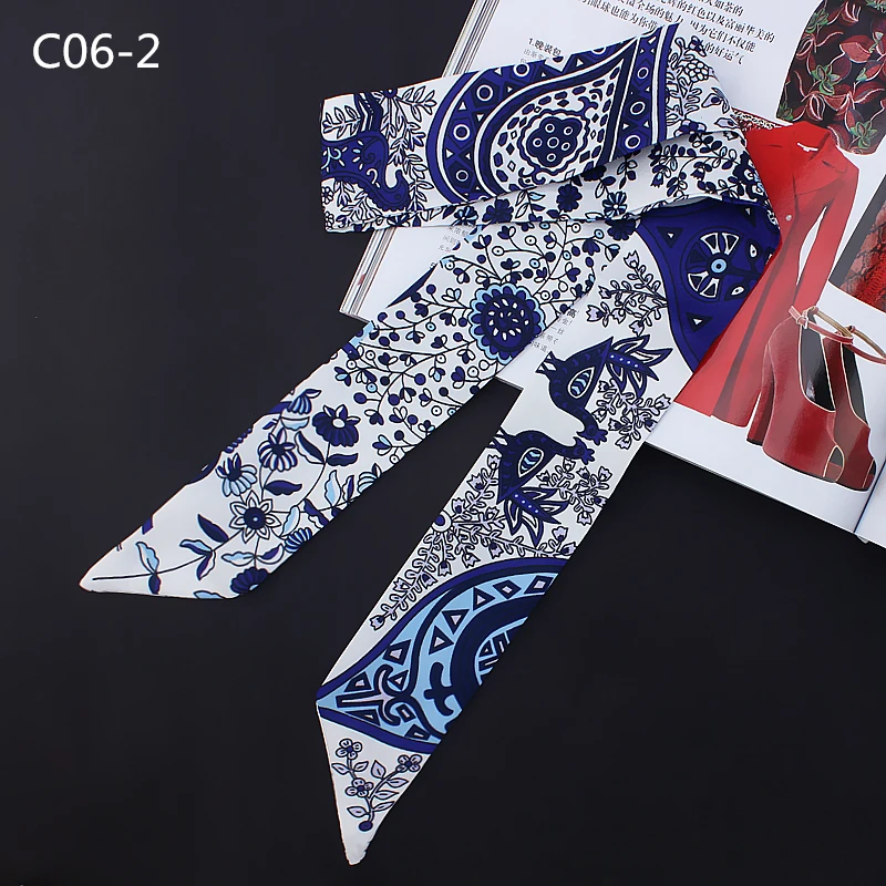 Тонкий длинный шарф женский шейный платок с принтом галстук ручкой аксессуары