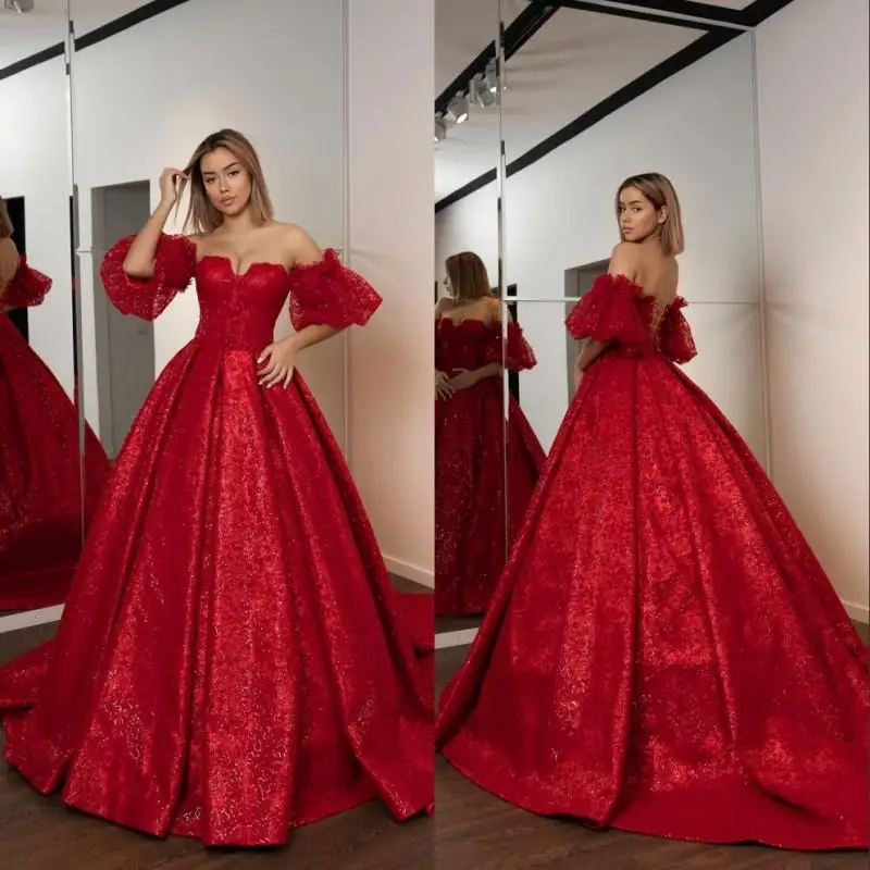 

Sexy Elegant Red Ball Gown Quinceanera Dresses Off Shoulder Gliter Evening Prom Dress Sweet 15 Formal Dress Evening Gowns