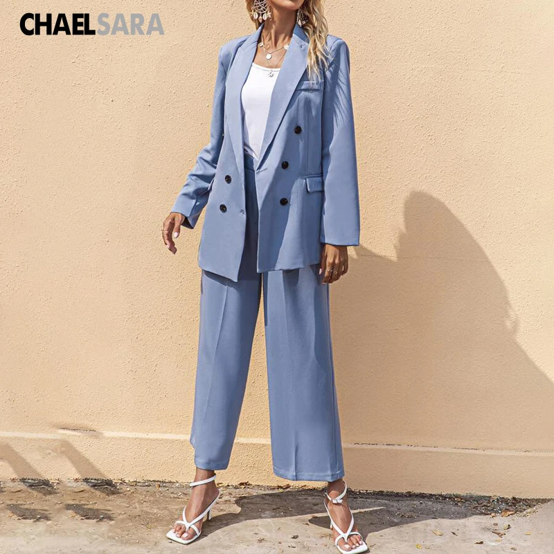 

Women Blue 2 Piece Set 2021 Spring Autumn Chic Double Breasted Solid Blazer Coat & High Waist Pant Suits Casual Trousers Outfits