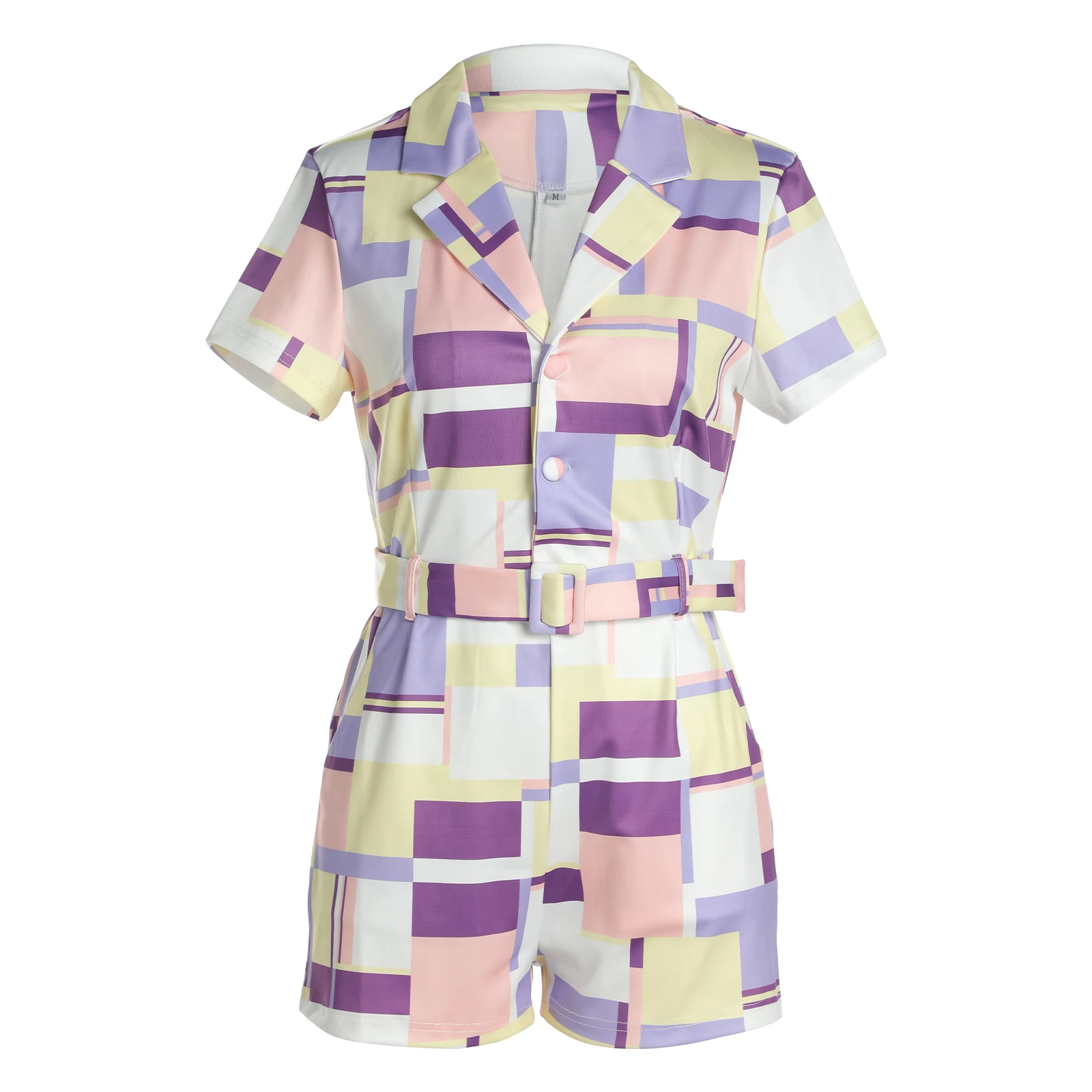 

Female Playsuits Color Block Tailored Collar Short Sleeve Romper with Waist Belt for Summer