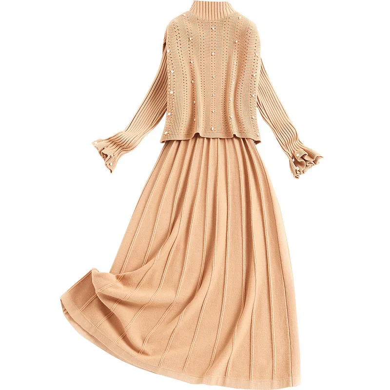 

Fashion 2 Piece Set 2020 Autumn New Beaded Vest + Dress with Long Sleeve Autumn Winter Office Lady Women Set Clothing