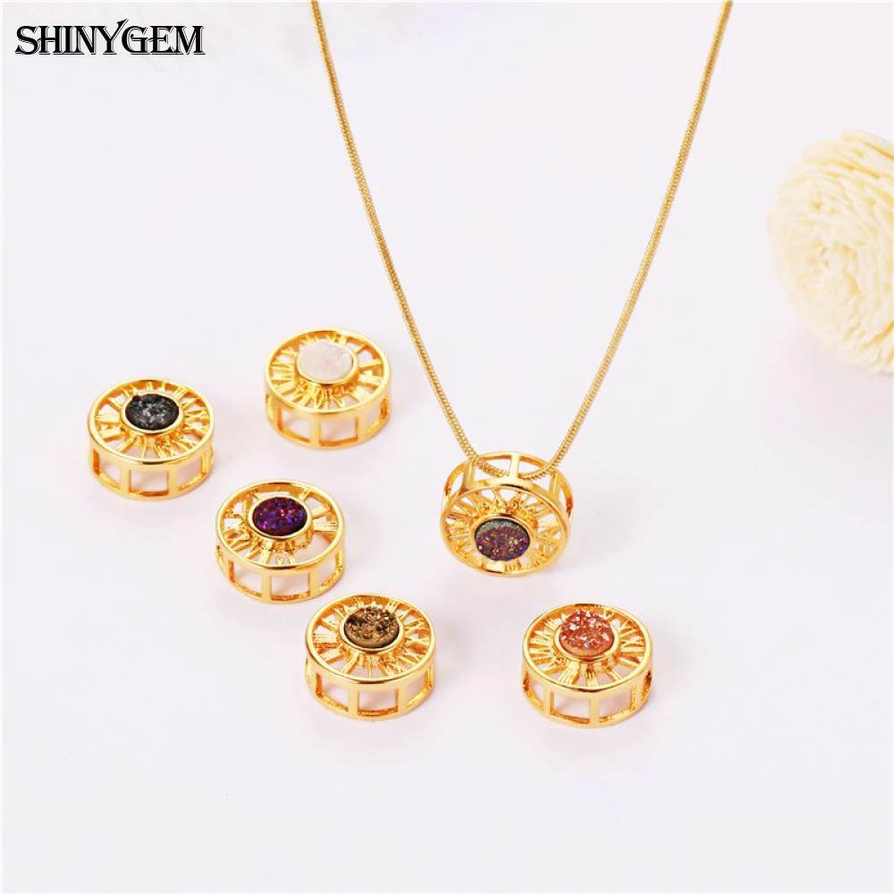 ShinyGem модное Золотое колесо кулон ожерелье полое большое Натуральный Druzy Кристалл