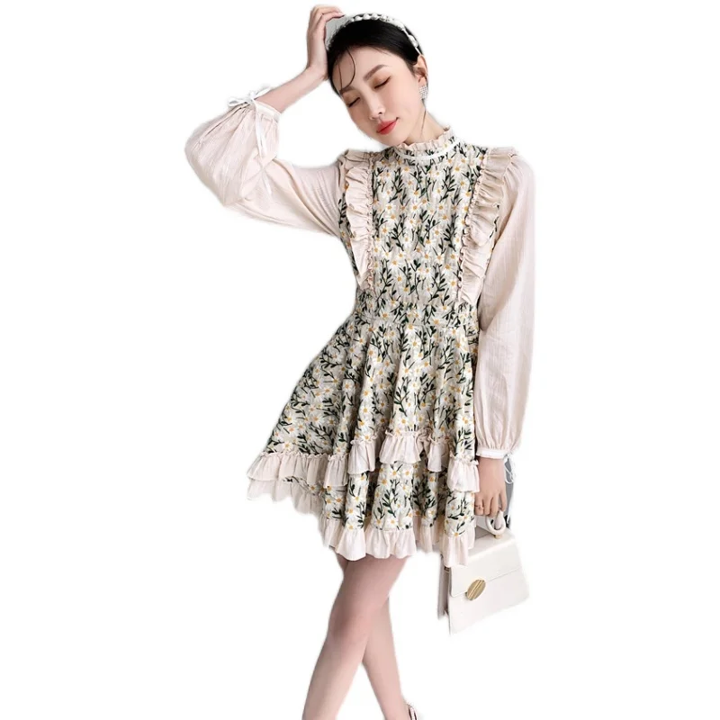 

Women Printing Dress Stand Neck Long Sleeve Loose Fit Female Fashion Tide Spring Autumn 2021 New Arrivals E074