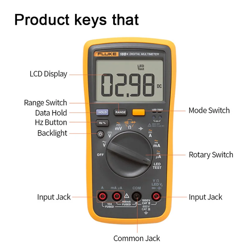 Fluke 18B+ светодиодный цифровой мультиметр переменного/постоянного напряжения