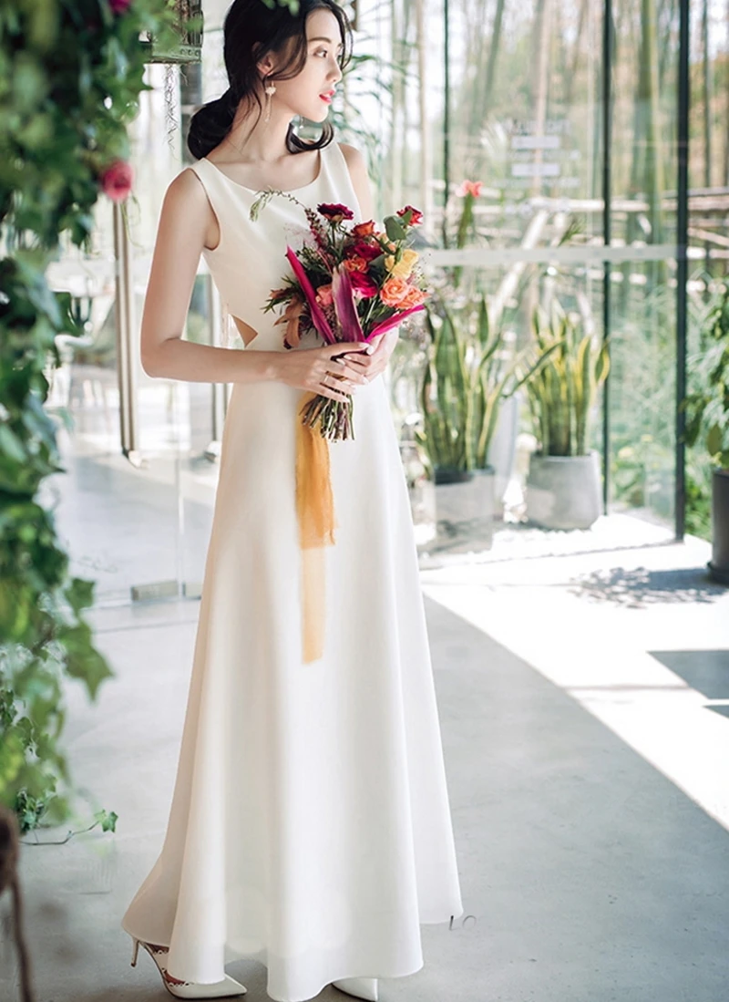 

Женское атласное платье до пола It's yiiya, белое платье невесты без рукавов с глубоким круглым вырезом и открытой спиной на лето 1319