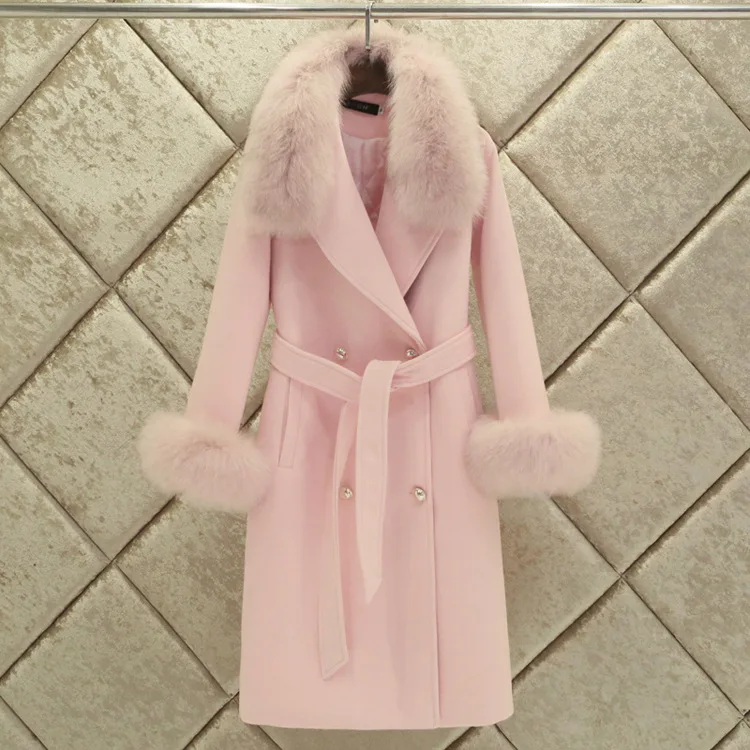 Женское шерстяное пальто с воротником из лисьего меха длинное в корейском