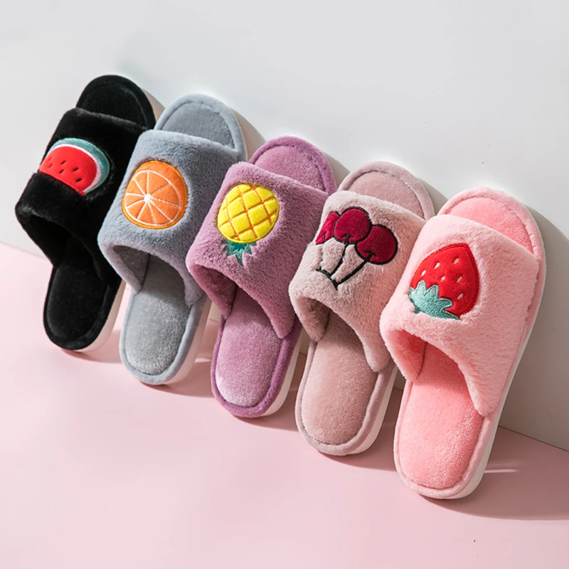 Cute Cartoon Fruit Pattern Home Women Fur Slippers Winter Plush Ladies Flats Shoes Strawberry Pineapple Furry Female | Обувь
