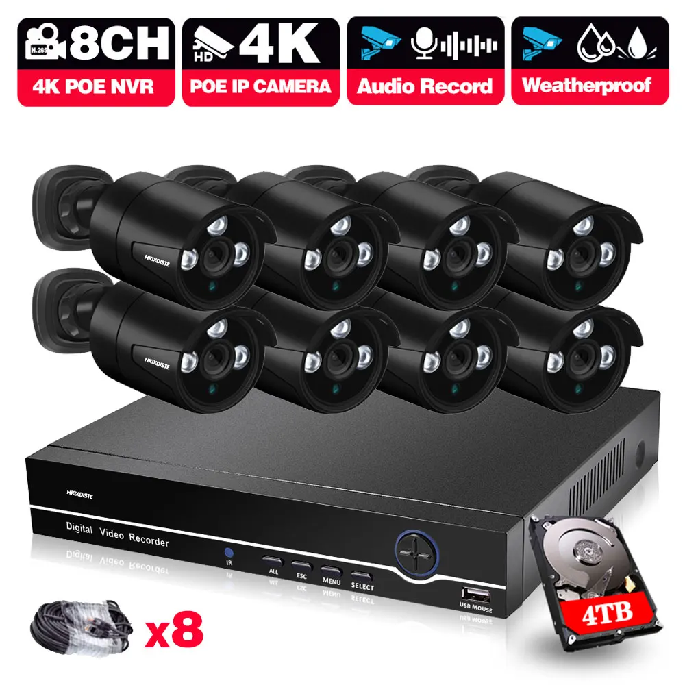 CCTV Security Camera System Kit 8CH 8MP POE NVR Kit Outdoor Watertproof Ai Audio Video Surveillance POE IP Camera System Set 4K