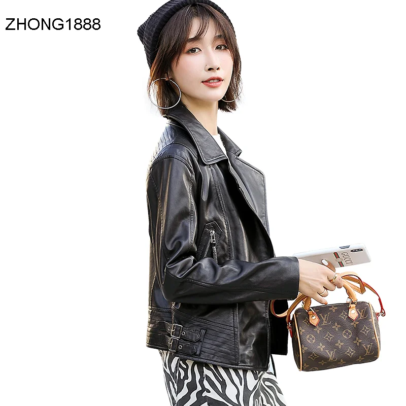 

Haining sheep leather motorcycle slim small leather jacket women's short leather jacket