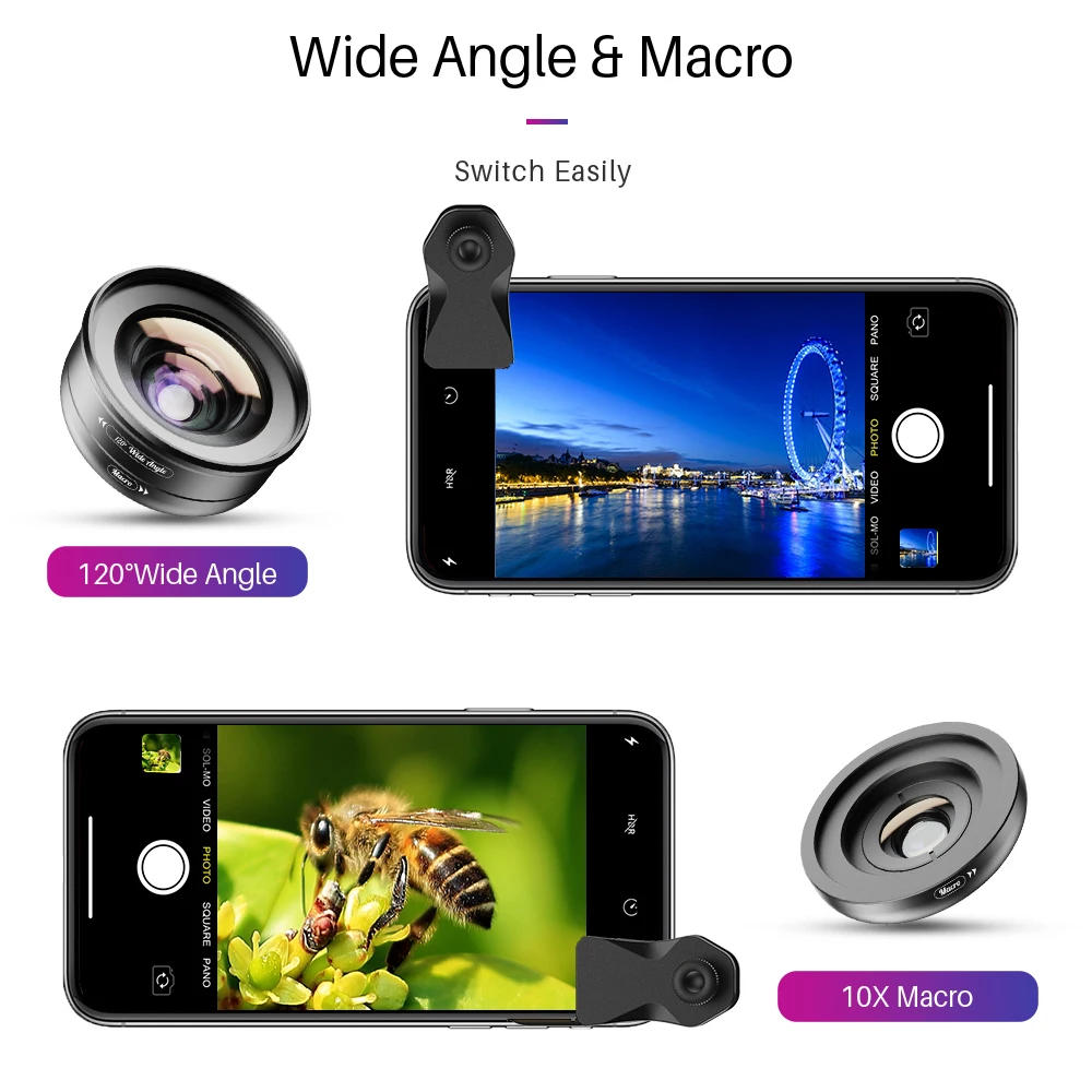 Объектив APEXEL HD 2 в 1 10X с супер макросъемкой и углом поворота 120 градусов для