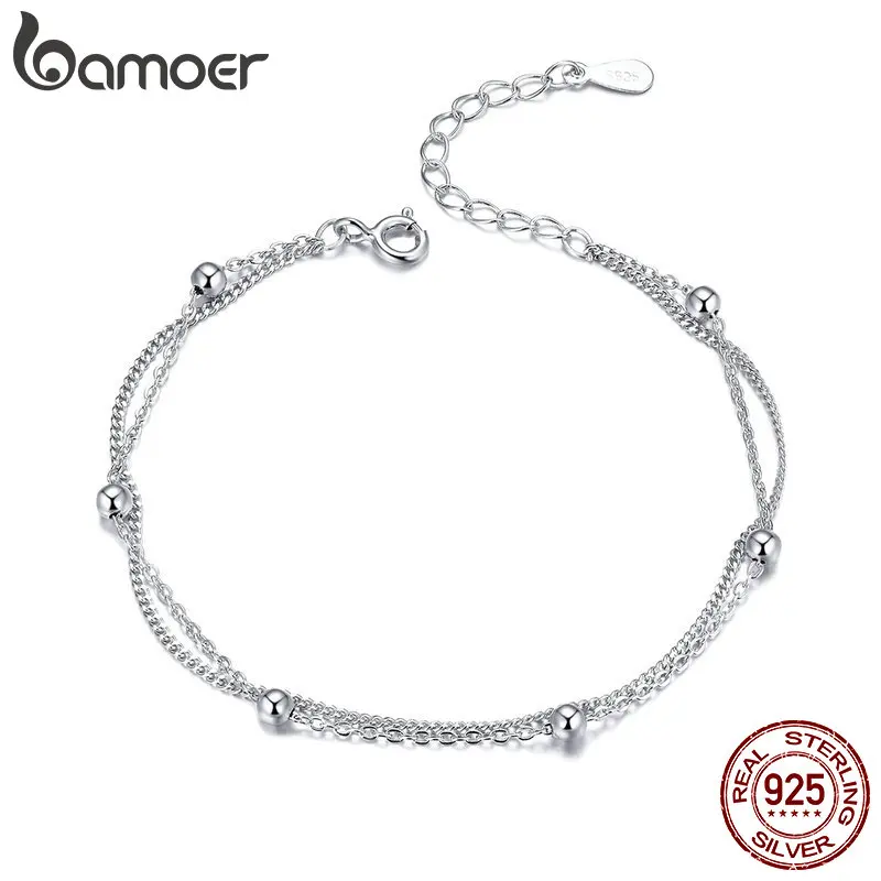 BAMOER 925 Серебряный браслет-цепочка Для Женщин Круглые бусины двухслойные звено цепи Браслеты женское, Стерлинговое серебро ювелирные изделия SCB131