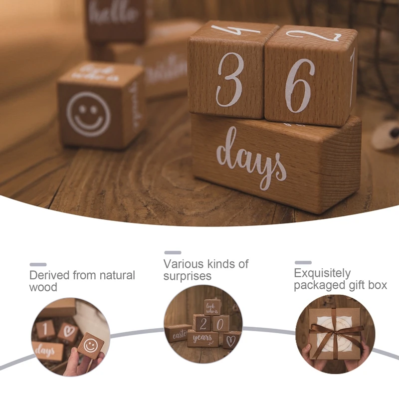 Juego de tarjetas de hitos para beb&eacute;, bloque de madera Con caja para conmemorar el nacimiento del beb&eacute;, utiler&iacute;a para fotograf&iacute;a de reci&eacute;n nacido, 1Set-2