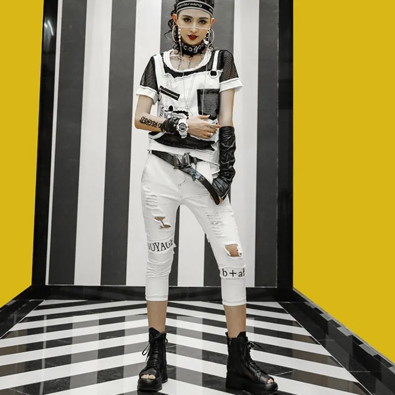 New Fashion Summer Women White Hole Ripped Denim Cotton Two Piece Set Mesh Patchwork Spliced Punk Mid Calf Pants Matching Sets