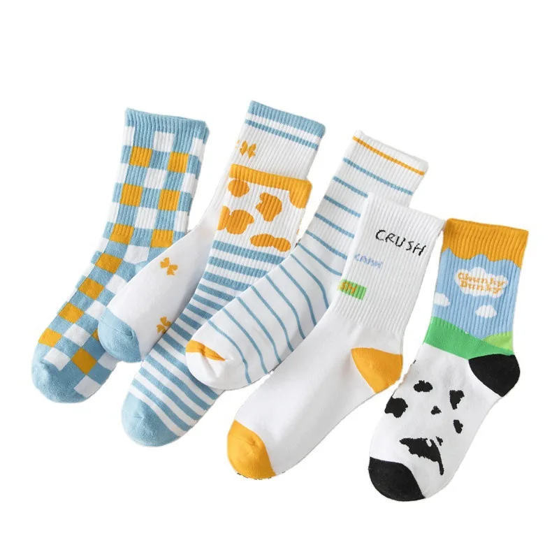 

Woman cute socks kawaii Japanese style retro color matching striped socks Korean college fun fashion trend medium tube socks