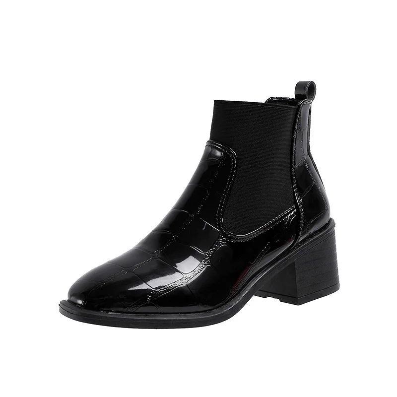 

British style thick heel autumn winter Chelsea short boot women 2020 new versatile Patent Leather Mid Heel Ankle Boots