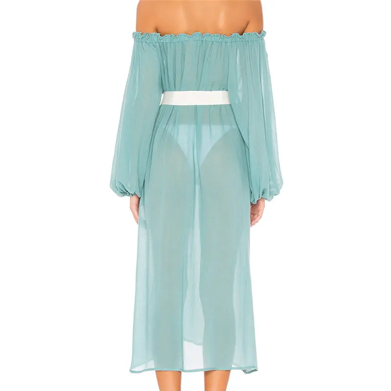 

2021 Sexy Cold Shoulder Sheer Chiffon Tunic Beach Dress For Woman Summer Beachwear Swimsuit Cover Up Sarong Robe De plage