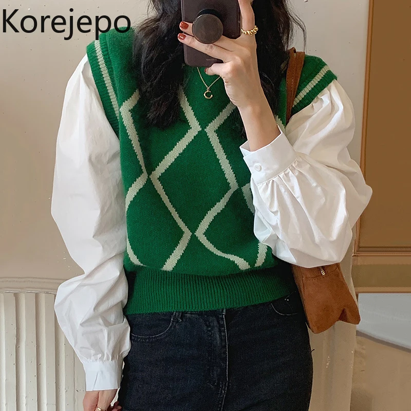 

Двойная блузка-Имитация Кореи, шикарные женские свободные свитеры корейского стиля с круглым вырезом и короткими рукавами-фонариками, 2021