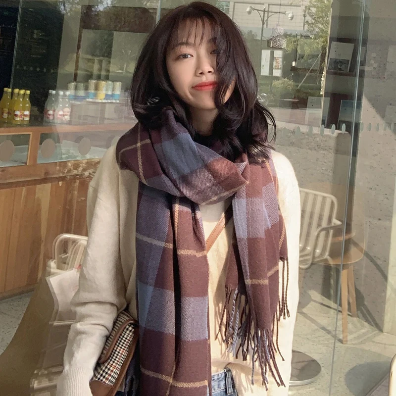 2019 Faux cachemir Plaid Scarf para mujer Lana Pashmina invierno cálido chal Poncho señoras gruesa borla buf |