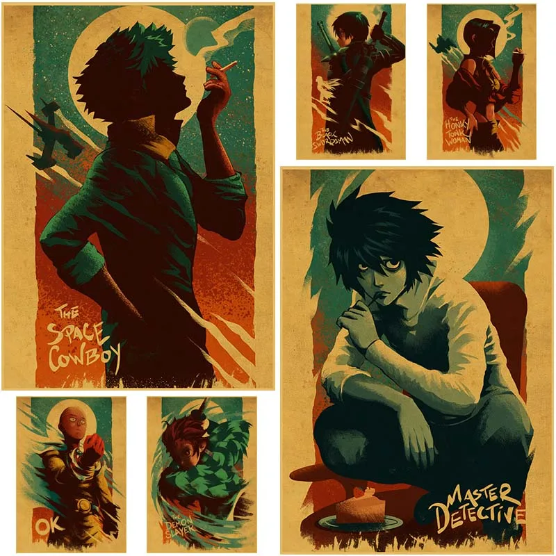 

Постеры из крафт-бумаги с изображением героев аниме, винтажные постеры из аниме «Death Note»/«рассекающий демонов», домашний декор для спальни, ...