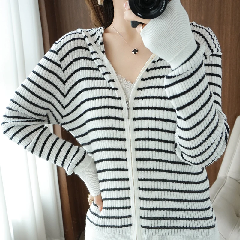 

2021 New Pure Cotton Striped Hooded Knit Cardigan Spring/Summer Women Jacket Slim Short Long Sleeve Wild Sweater Thin Hoodie Top