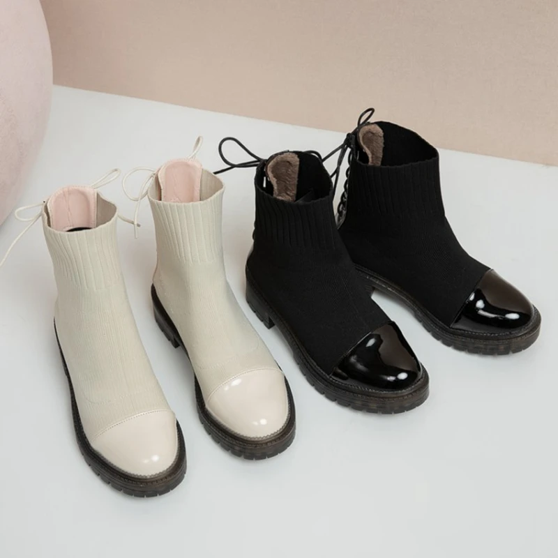 

REAVE CAT Women knitting Mid-Calf boots Round toe Square heel Patent leather Cross-tied Lace-up Big size 33-44 Casual Date S1998