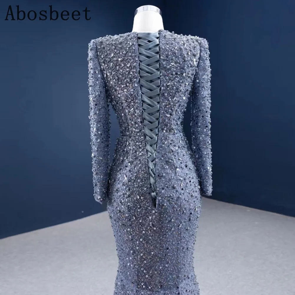 Grey Evening Dress Long Sleeve with Chapel Train Shining Beads Mermaid Evening Gown Formal Women Prom Party Gowns Lace Up Back