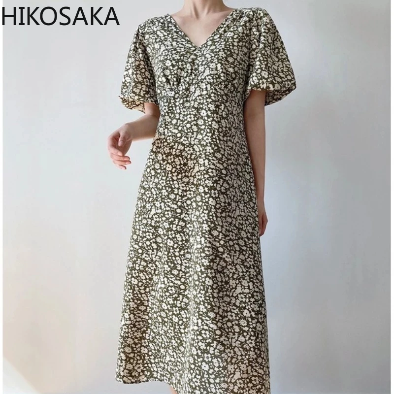 

Korean Vintage Print Slim Waist Midi Dress V-neck Lantern Short Sleeve Dresses for Women 2021 Summer Chic Simple Elegant Vestido