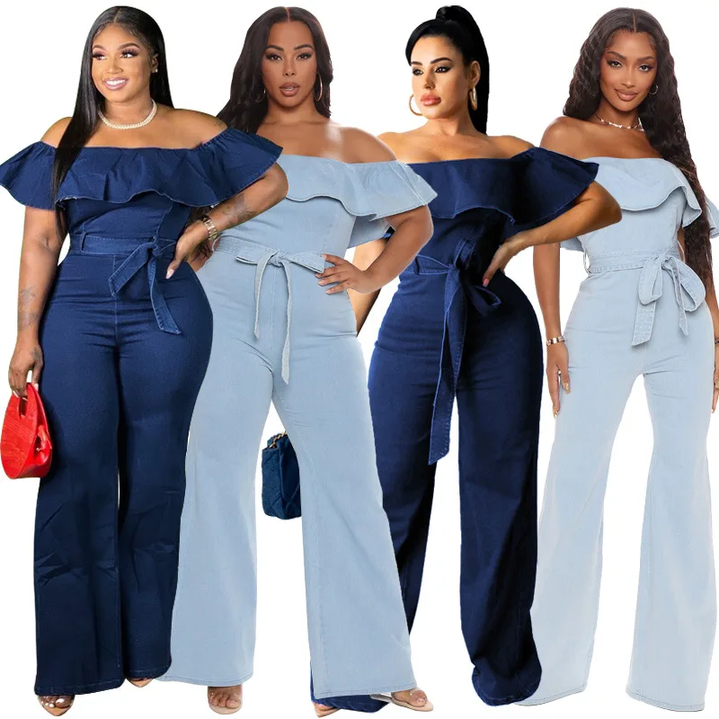 

Slash Neck Women Plus Size Denim Jumpsuits Charming Butterfly Sleeve High Waist Sashes Pure Coor Flared Rompers Autumn 2021