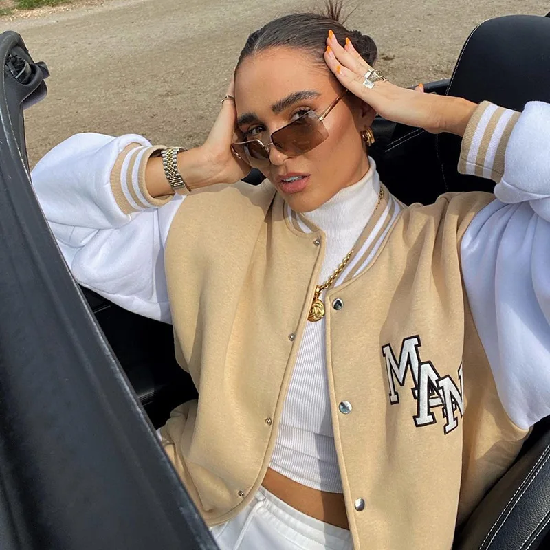 

ZOTTSOZ Streetwear Casual Baseball Uniform Coats Women Autumn 2021 Fashion Embroidery Letter Jackets Loose Harajuku Outwear Tops