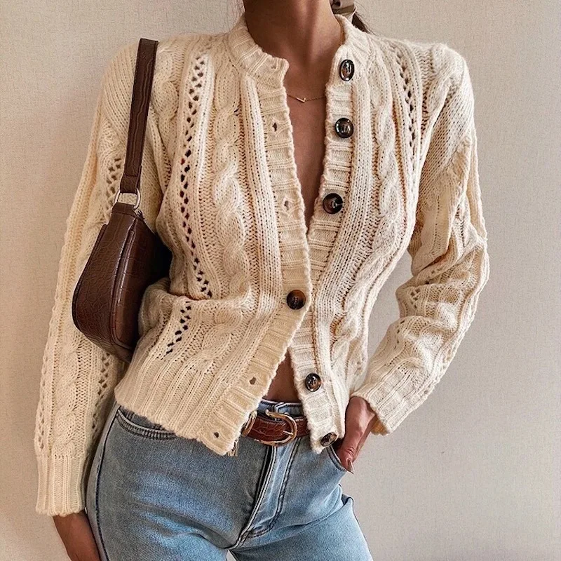 

Women Autumn Hollow Out Knitted Sweater Cardigan Winter Solid Casual Long Sleeve Cardigans Female Single Breasted Sweaters