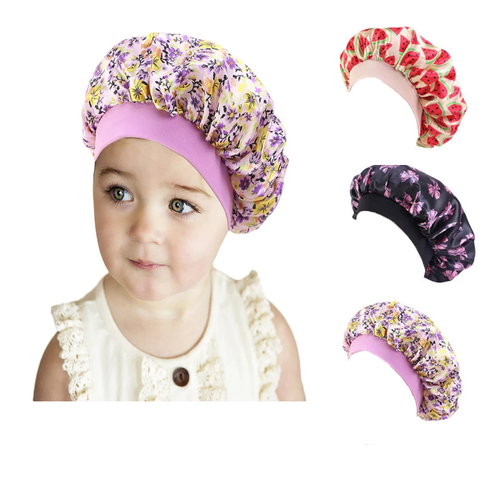 

Kids Wide Band Satin Bonnets Night Sleep Cap Hair Bonnet Hat Silk Head Cover Wide Elastic Band For Toddler Children