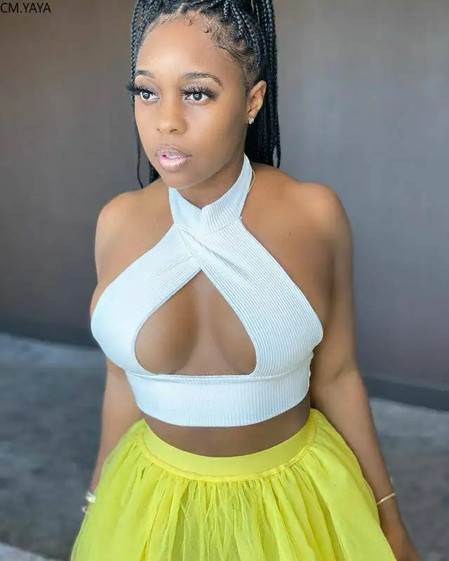 CM.YAYA women summer sexy cut out open back halter neck party club crop tops beach knitted camis | Женская одежда