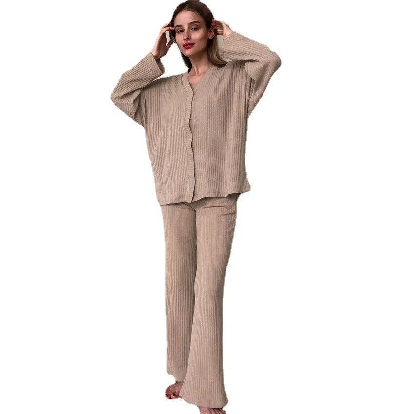 Women Knitting Loungewear Set V Neck Nightwear Long Sleeve Top and Long Pants Pajamas AW21 NewLadies Homewear