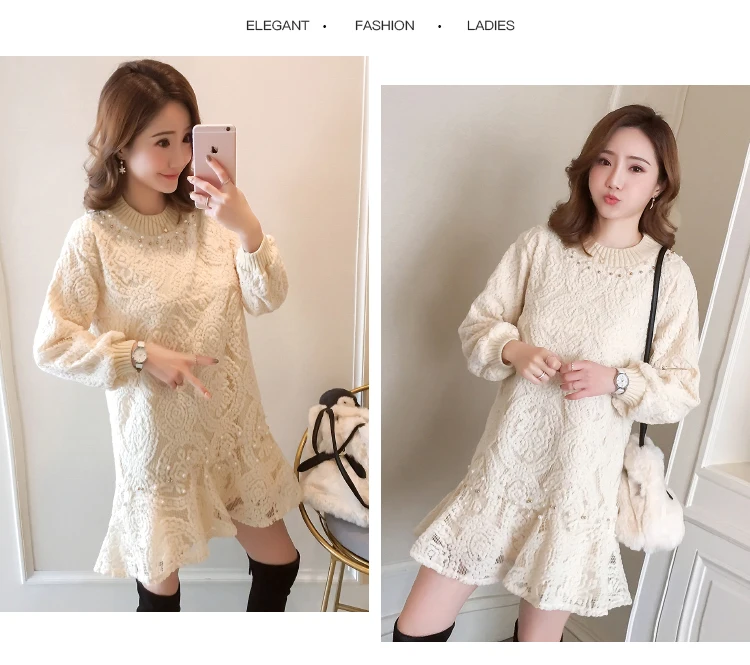 8139# осенне-зимнее плотное кружевное платье для кормящих мам милые рубашки для кормления с бисером одежда для беременных женщин топы для беременных