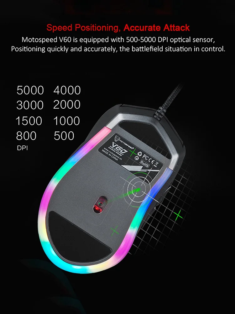 motospeed v60 usb wired gaming mouse mice 7 button 5000dpi dpi optical sensor mause rgb back light for laptop pc matte rexture free global shipping