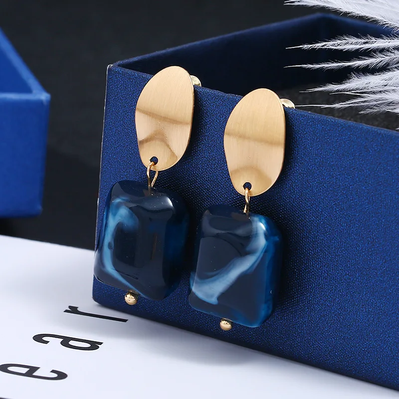 New Fashion Brushed Gold Color Deep Blue Resin Pendant Statement Copper Drop Earrings for Women Girls Party Jewelry | Украшения и