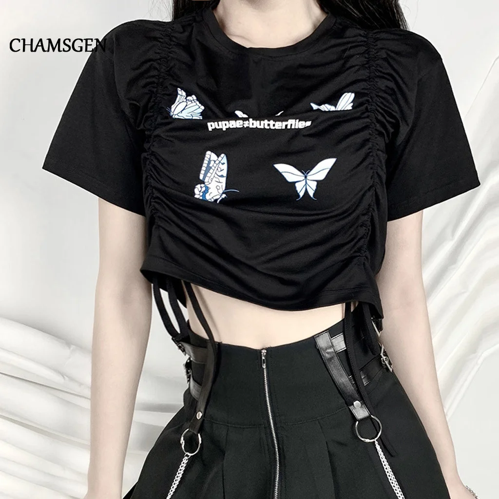 Женские футболки модные темные стильные с принтом бабочки на шнурке pupae≠ буквы