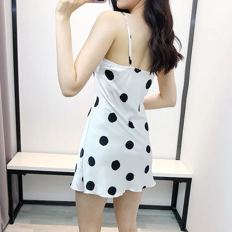 Женская ночная рубашка в горошек шелковое кружевное ночное белье лето 2019