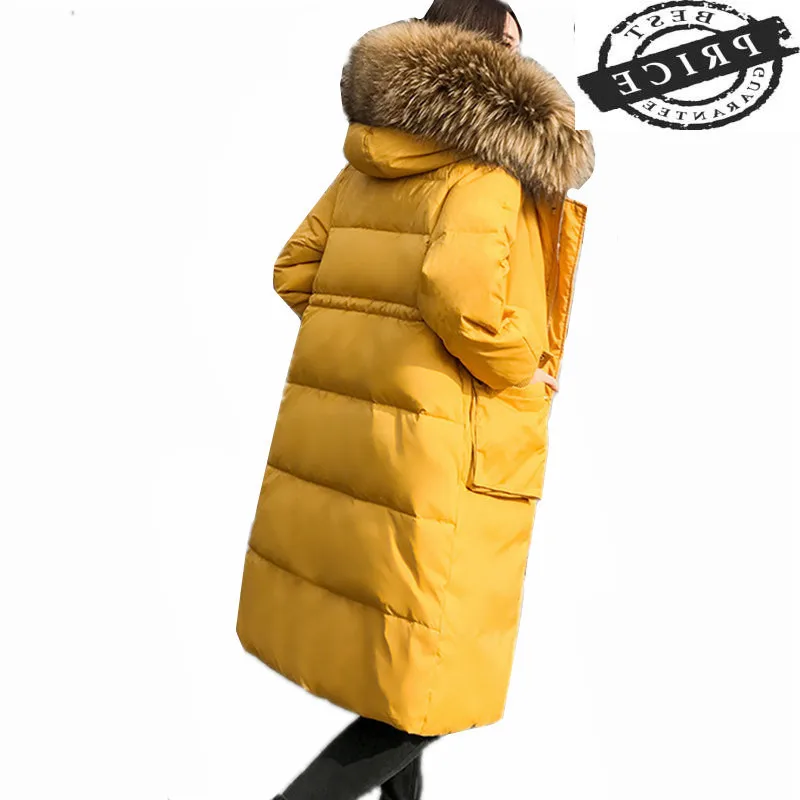 

Winter Jacket Women 2021 New Korean Fashion White Duck Down Coat Ladies Long Clothes Big Fur Tops Chaqueta Mujer LWLaaa