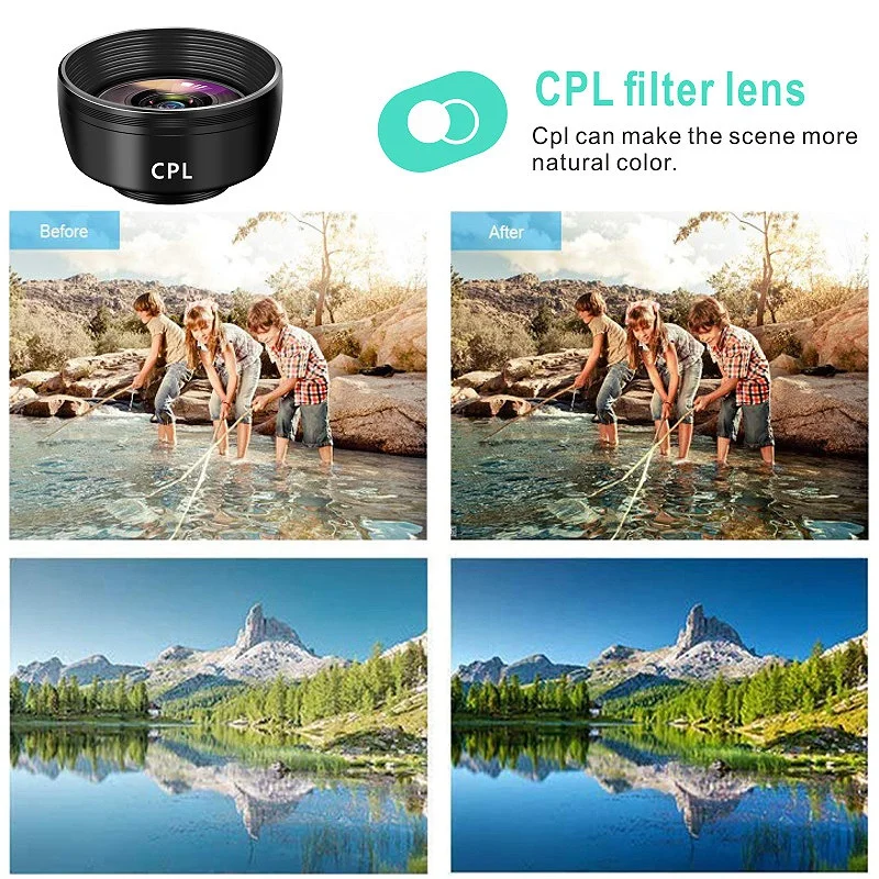 

7 in 1 Mobile Phone Lens Telephoto Fisheye Lens Wide Angle Macro Lens+CPL/Flow/Radial/Star Filter for All Smartphone