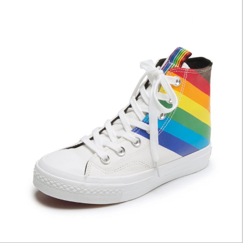 

Rainbow canvas shoes women new casual shoes fashion all-match lace high-top women shoes