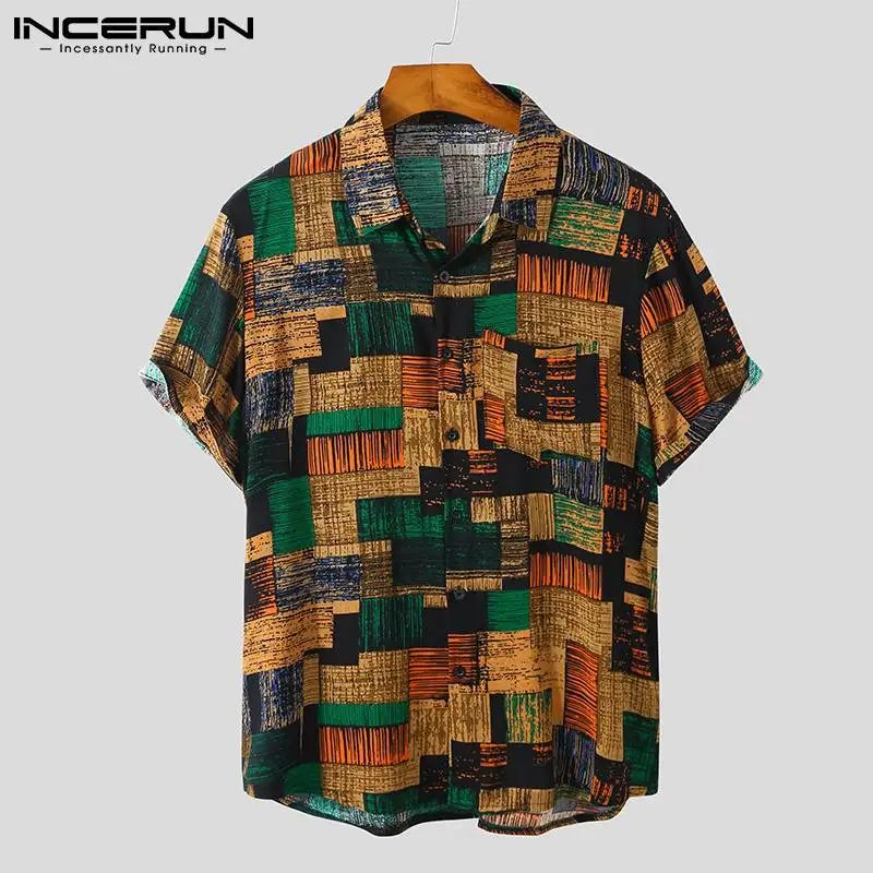 

Summer Men Shirt Vintage Printing Breathable Cotton Lapel Short Sleeve Streetwear Casual Hawaiian Shirts 2021 Camisas INCERUN