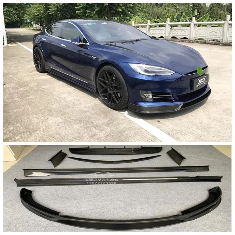 

For Tesla Model S 2014 2015 2016 2017 Real Carbon Fiber Bumper Front Lip + Rear Diffuser + Spoiler + Side Skirt Cover