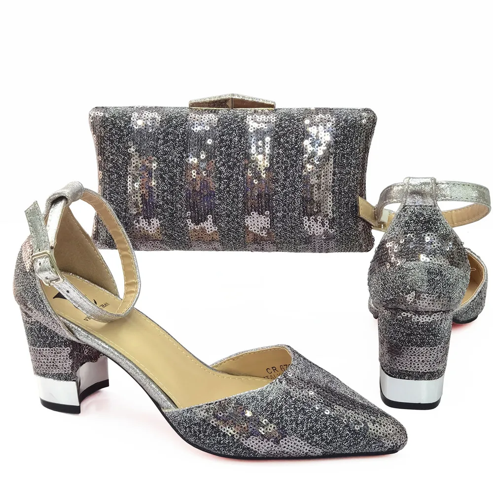 

Hot Selling Ladies Italian design Shoes and Bag Set in Silver Color Women Shoes and Matching Bags Party Super high heel