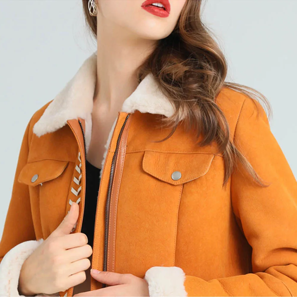 SANI 2020 Top Quality New Yellow Shearling Fur Coat Women Winter Real Fur Coat Red Real Sheepskin Jackets